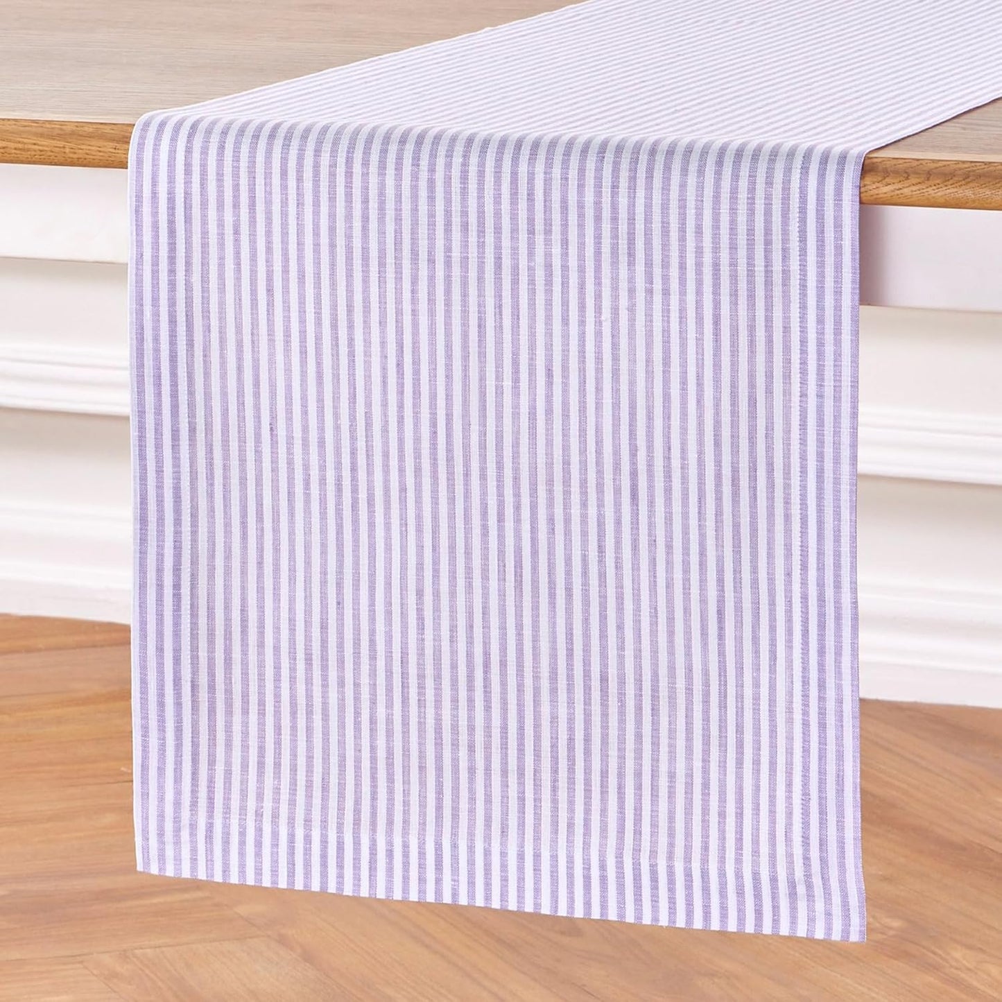 Solino Home Linen Table Runner 144 Inches Long - Narrow Stripe, 100% Pure Linen Lavender and White Table Runner 14 x 144 Inch for Dining