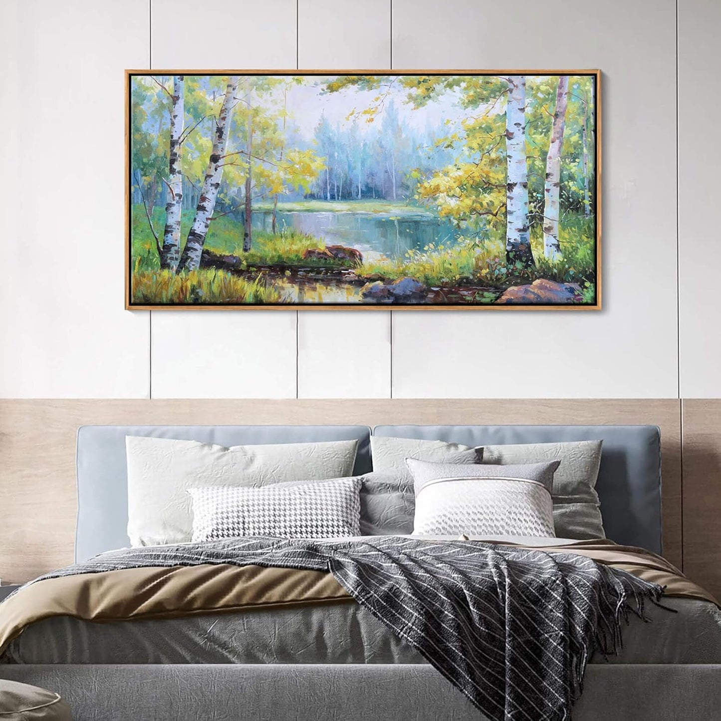 YCPRIMER Forest Wall Art - Birch Tree Canvas Wall Decor Green Trees Picture for Living Room Lake Forest Landscape Painting Home Bedroom Decoration Green and White Framed Artwork Decor 24×48IN