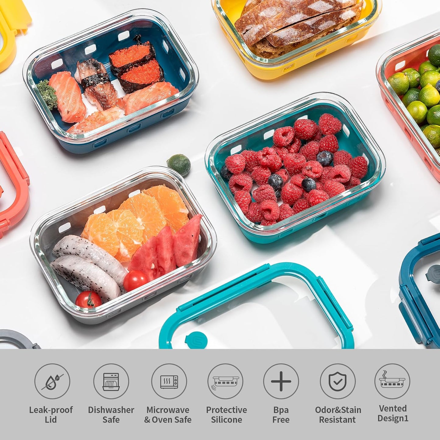 GENICOOK 2.7 CUP Glass Food Storage Containers with Glass Lids,5 Pack-Aitight Meal Prep Container Set with Silicone Sleeve, BPA-Free, Dishwasher, Microwave, and Freezer Safe