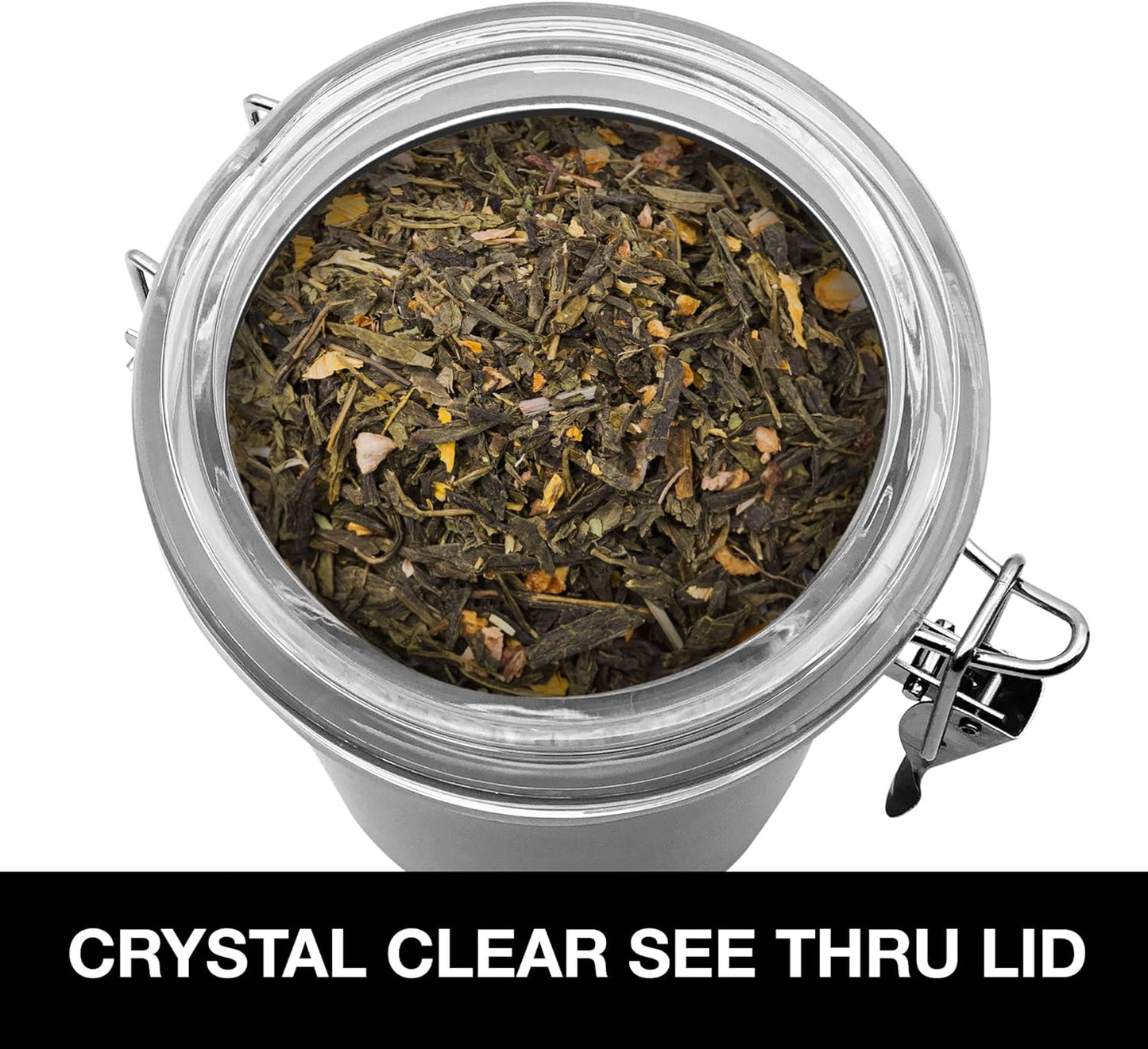 Oggi Stainless Steel Tea Canister 62 fl oz - Airtight Clamp Lid, Clear See-Thru Top - Ideal for Tea Bag, Loose Tea, Kitchen Storage, Pantry Storage. Large Size 5" x 7.5".