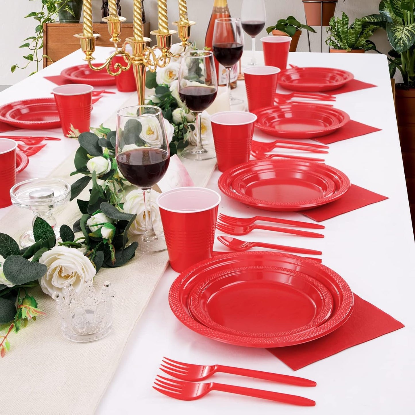 WELLIFE 210Pcs Red Plastic Plates, Disposable Dinnerware Set, Party Supplies Including Red plates, 12oz Cups, plastic Cutlery and Napkins Serve 30 Guests, Plastic Plates for Party