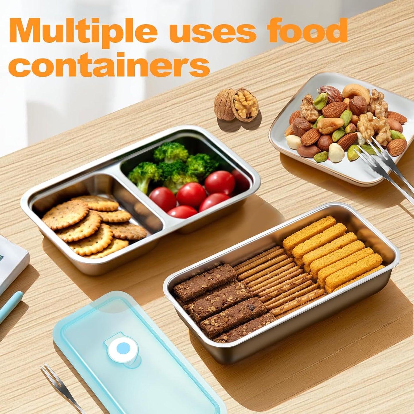 Stainless Steel Snack Containers with Lids, 3 Pack Reusable Lunch Box (3 Single + 3 Double Compartment) with Forks, Food Storage Bento Box for Work, Travel, Grab and Go, Leak Proof, Dishwasher-Safe