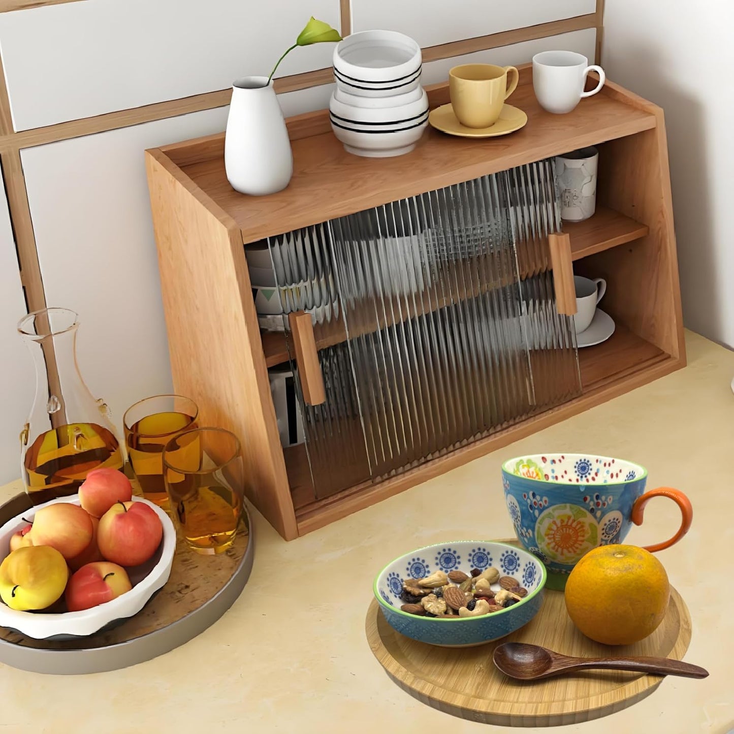 Wood Vanity Tray, Bathroom Counter Solid Walnut Organizer, Toilet Tank Top Wooden Serving Plate for Dinner Tea Coffee (Natural Bamboo Color, 9.8 x 9.8 inch)