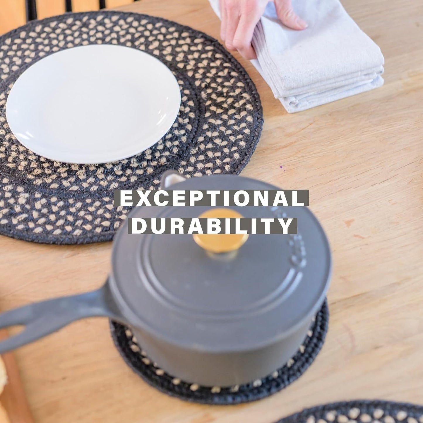 Manchester Round Braided Placemats, Country Primitive Decor, Set of 2, 15" Black and Tan Jute Table Mats - Vibrant Colors, Durable, Easy to Clean and Protects Furniture