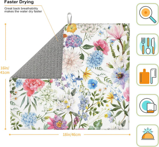 Colorful Flowers Dish Drying Mat for Kitchen Counter, 16"x18" Microfiber Absorbent Fast Dry Mat, 2Pcs Dish Mat Faucet Mats Sets, Large Drying Kitchen Mat Kitchen Drying Pad Coffee Bar Decor Gifts