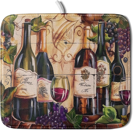 Wine Dish Drying Mat for Kitchen Counter Vintage Wine Glasses Dish Drainer Mats Absorbent Microfiber Dishes Pad Reusable Washable Large Dish Draining Mat 16x18 Inch