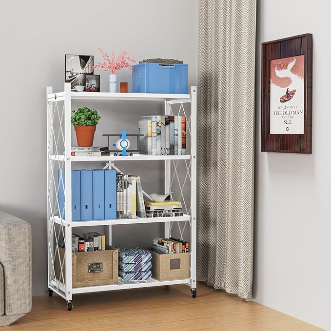 Lifetime Home 4-Tier Foldable Storage Shelf with Wheels - Metal Rack Collapsible Shelving Unit Display, Rolling Cart for Books Kitchen Storage Shelves, Pantry & Closet Organizer, Office Room Decor