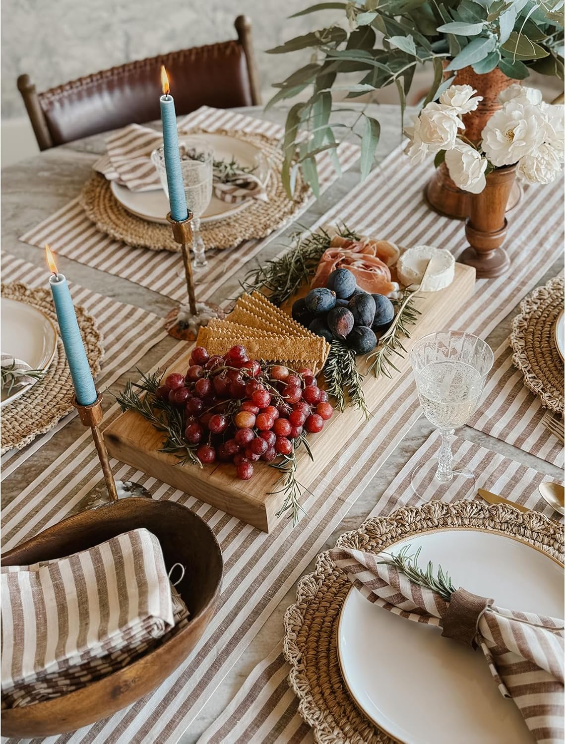 Solino Home Linen Table Runner 36 Inches - Amalfi Stripe 100% Pure Linen Brown and Cream Farmhouse Table Runner 14 x 36 Inch Ideal for Dresser and Coffee Tables - Fall, Autumn, Thanksgiving