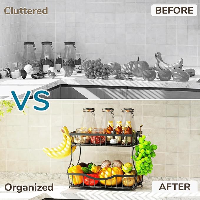 2 Tier Fruit Basket for Kitchen Counter with 2 Banana Hangers, Large Metal Fruit Bowl for Onion Vegetable Bread Snack, Countertop Organizer – Black, 14.5" W x 9.5" D