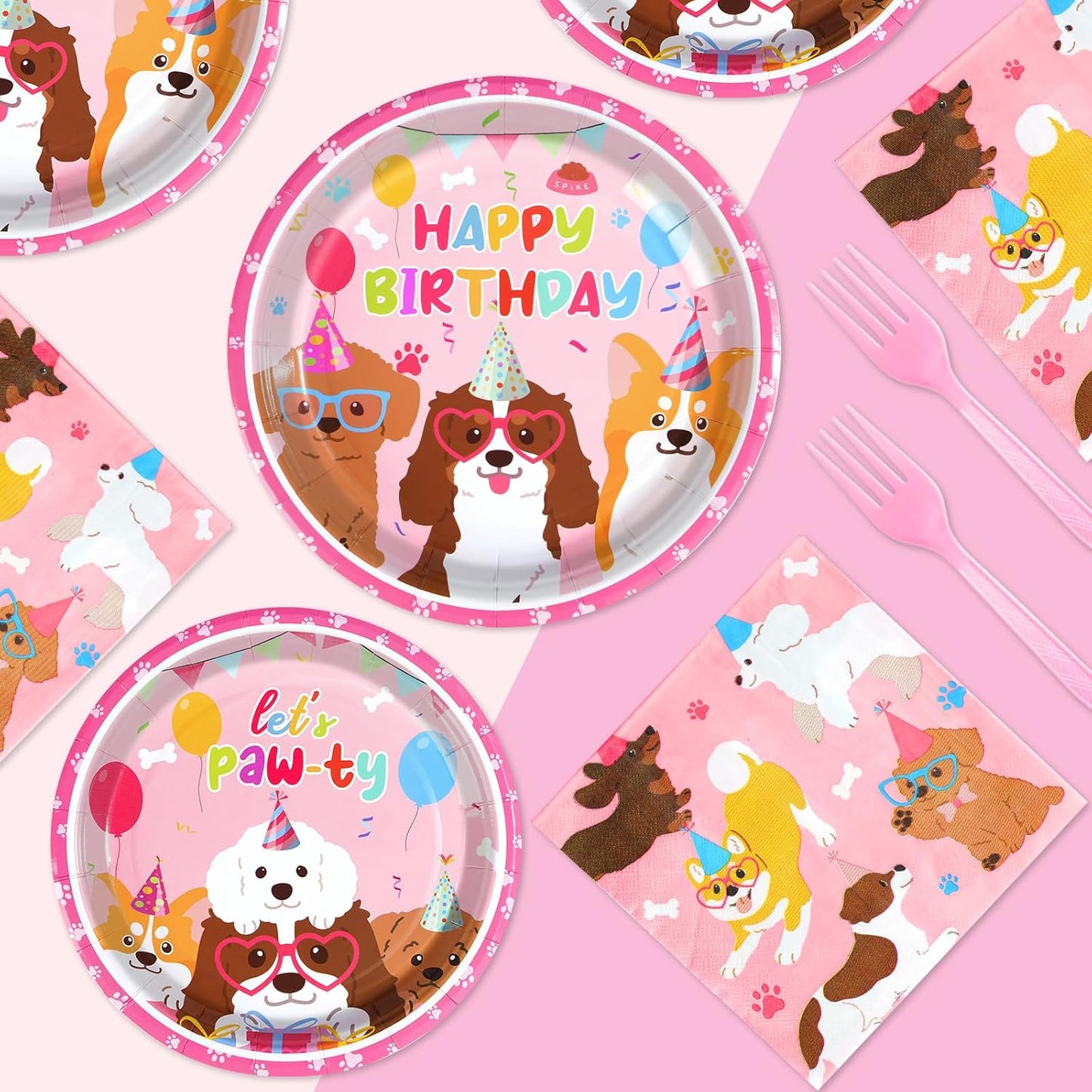Grencian 96 Pcs Dog Birthday Party Supplies Puppy Tableware Set Disposable Dog Paper Plates Napkins Forks Pink Dogs Themed Party Decorations for Lets Pawty Puppy Birthday Decorations Serves 24
