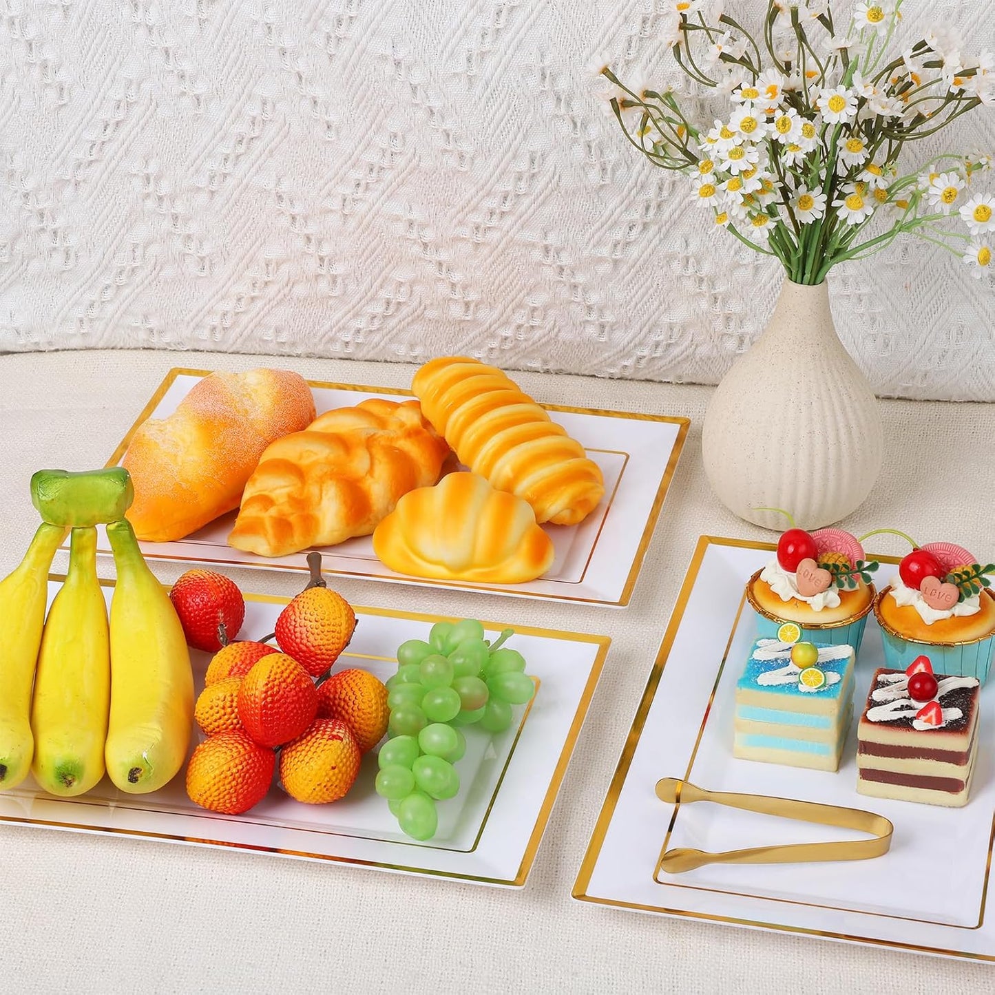 8 Sets Plastic Serving Trays, White & Gold Rim Party Serving Tray and Platter with 8 Serving Tongs, Disposable Dessert Trays for Fruit, Dessert, Cookies, Appetizers, Holiday Parties
