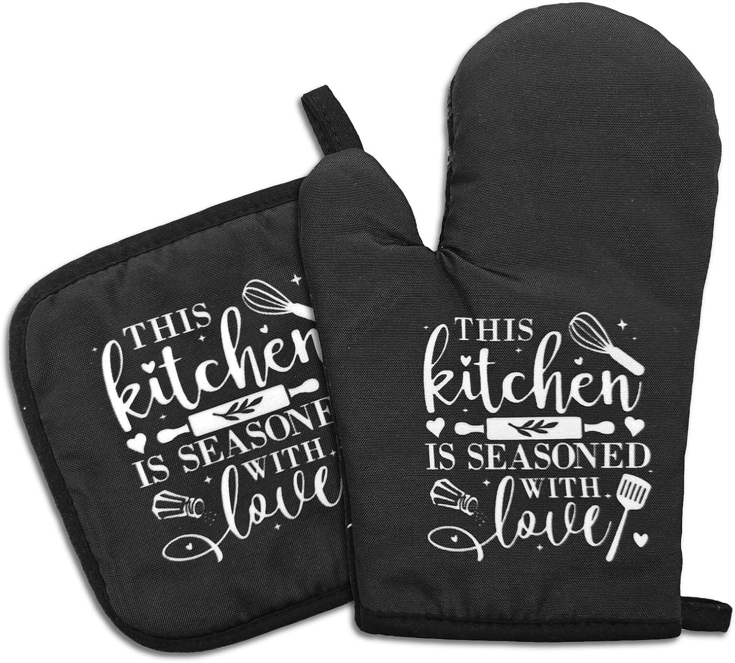 Funny Oven Mitts and Pot Holders Set with Sayings This Kitchen is Seasoned with Love Heat Resistant Mitts Silicone Non-Slip Oven Mitts Sweet Housewarming Gifts for Women Men Hostess Friend