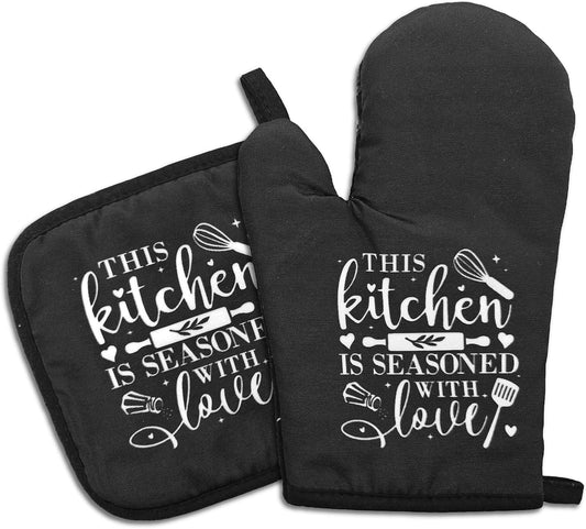 Funny Oven Mitts and Pot Holders Set with Sayings This Kitchen is Seasoned with Love Heat Resistant Mitts Silicone Non-Slip Oven Mitts Sweet Housewarming Gifts for Women Men Hostess Friend