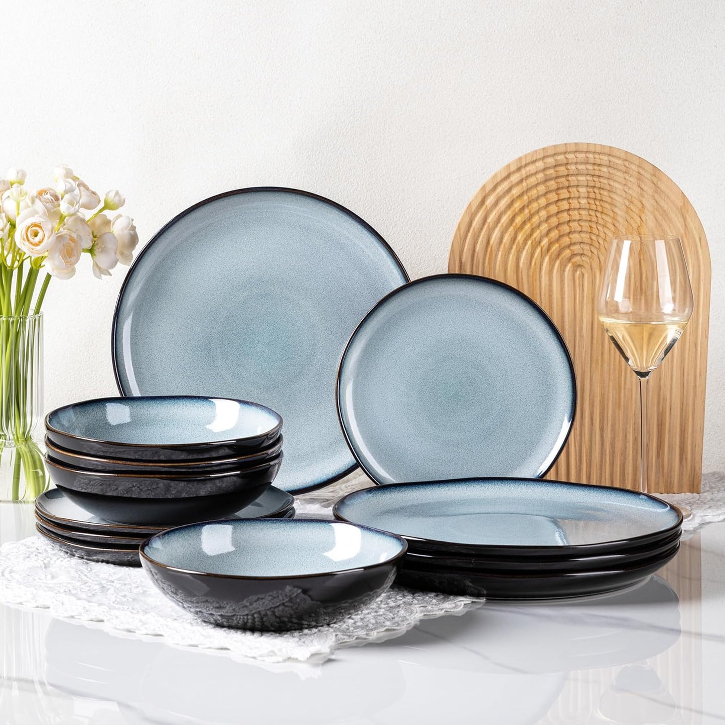 LeRatio Ceramic Dinnerware Sets for 4,Wavy Reactive Glaze Stoneware Plates and Bowls Sets,Highly Scratch Resistant | Dishwasher & Microwave,Oven Safe Dishes Set(12PCS)