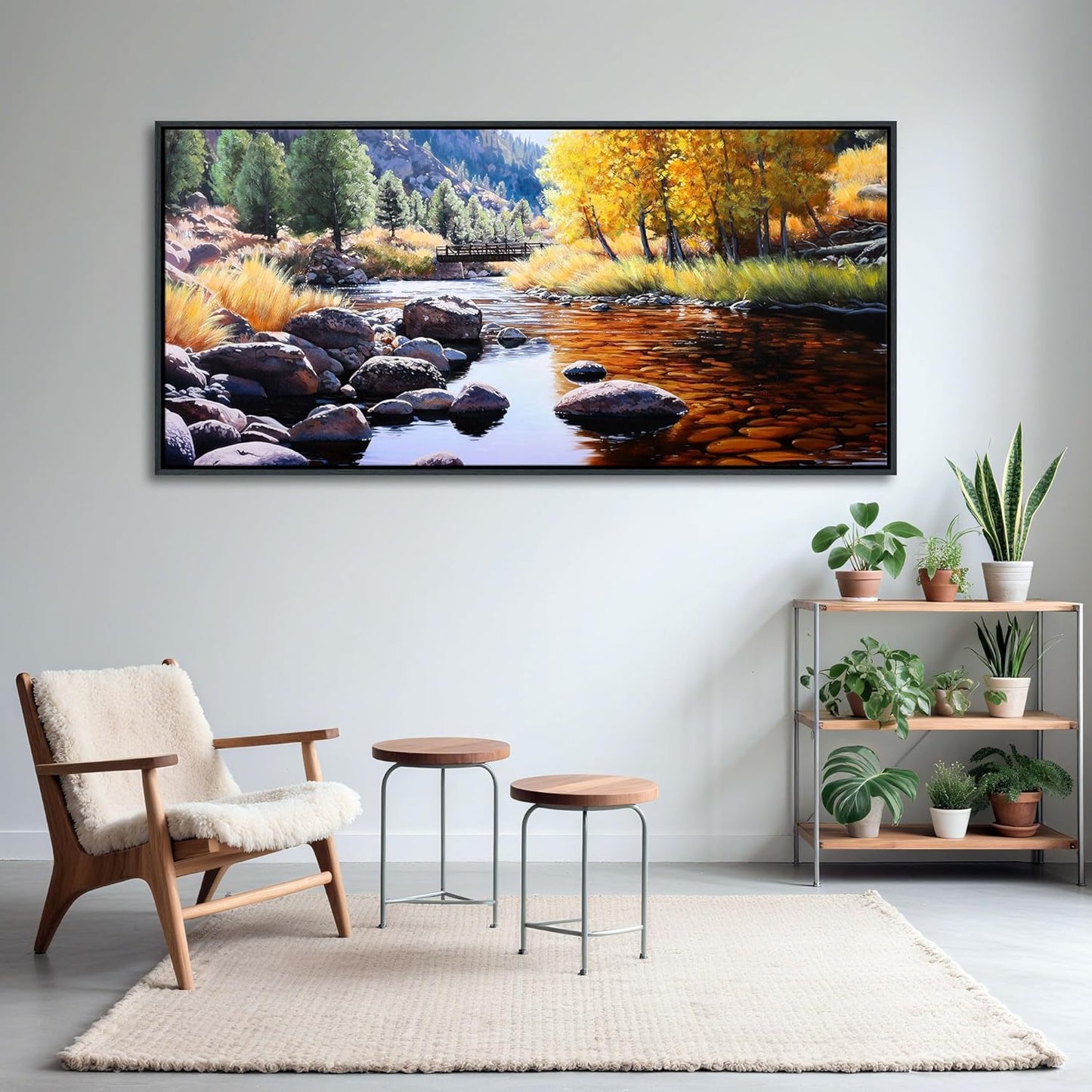 CHATYOUNG Large Wall Art Bedroom, Yellow Green Fall Forest Landscape Canvas Paintings Lake Tree River Rustic Autumn Pictures Artwork for Living Room Kitchen Office Home Framed Wall Decor 29"X58"