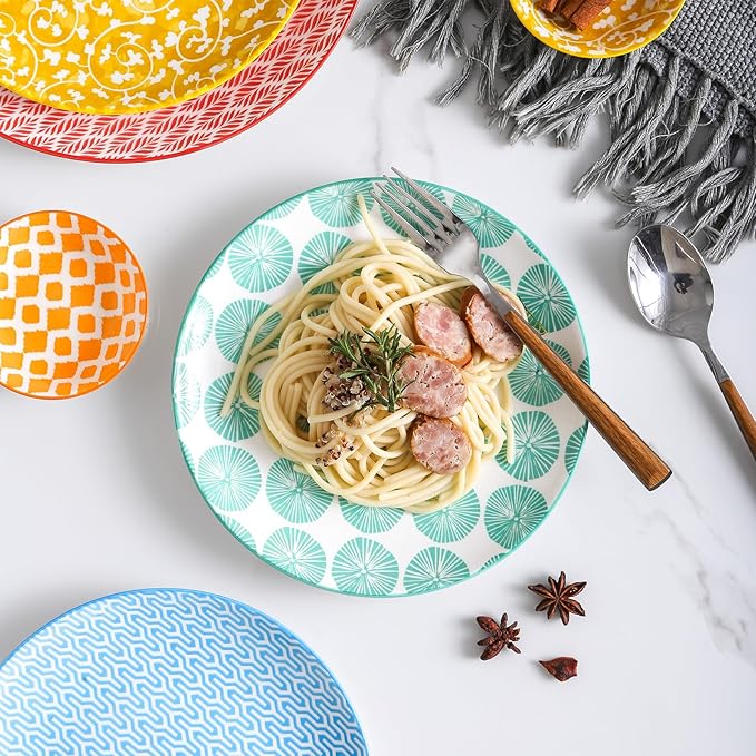 Selamica Ceramic Dinnerware Sets for 6, 18 Pieces Plates and Bowls Set, Scratch Resistant Dishes Set, Dishwasher&Microwave Safe, Assorted Colors