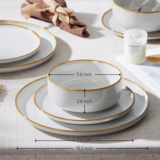 E-far Plates and Bowls Set for 8, 24-Piece Stoneware Dinnerware Sets, Ceramic Dinning Ware Reactive Glaze Dishes Set, Microwave & Dishwasher Safe - Seashell White