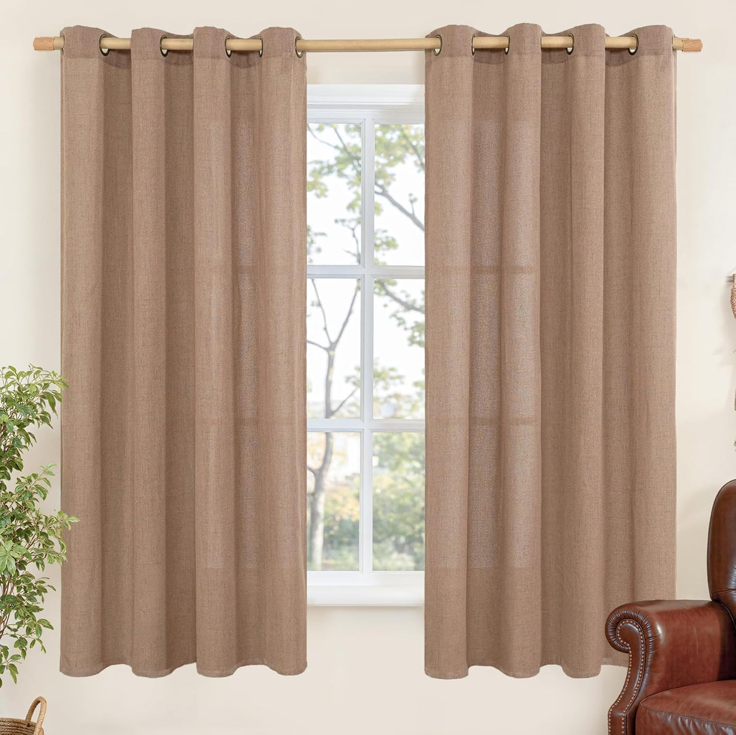 YoungsTex Linen Curtains 68 Inches Length for Living Room, Mocha Light Filtering Semi Sheer Drapes with Bronze Grommet for Bedroom Office Dining Room, 2 Panels, 52 X 68 Inch