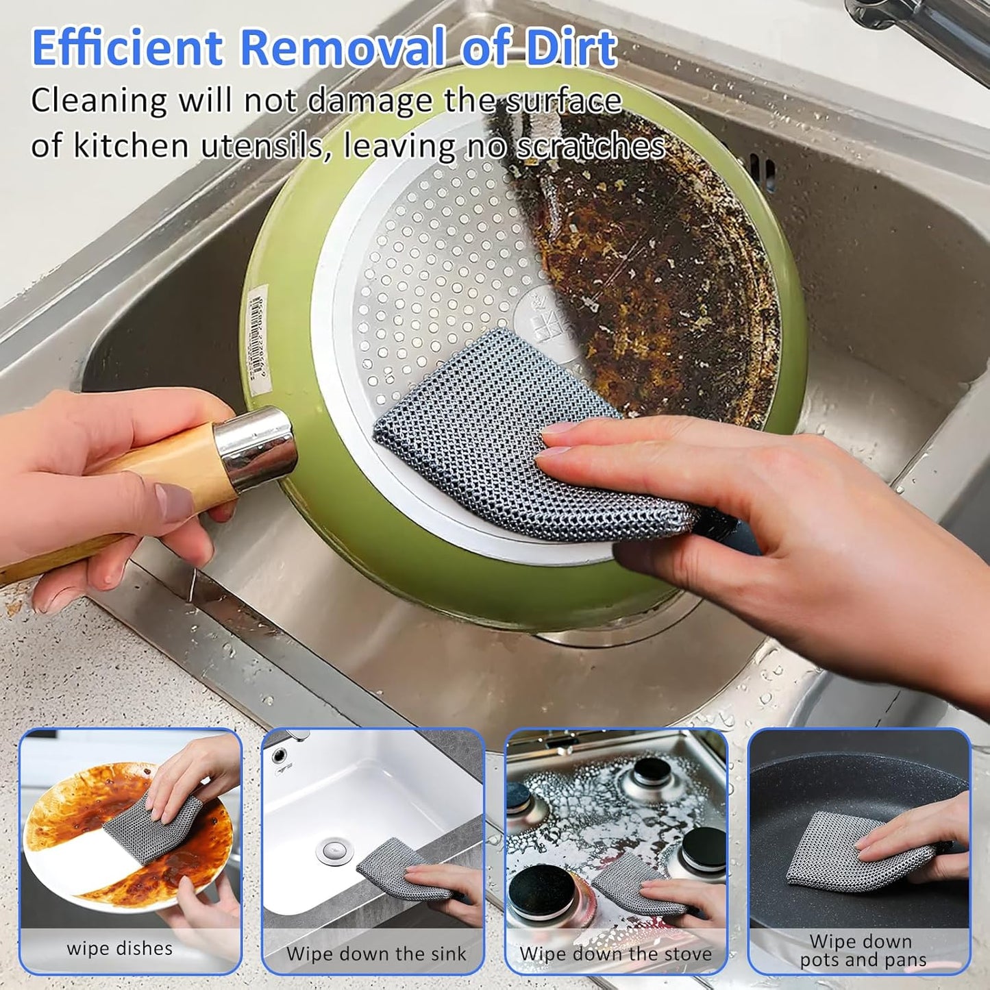 316L Stainless Steel Cast Iron Scrubber Cleaner,Chain Mail Scrubber with Silicone Insert for Cast Iron Skillet, Cleaning Steel Skillet, Wok, Carbon Steel (10CM*12CM)
