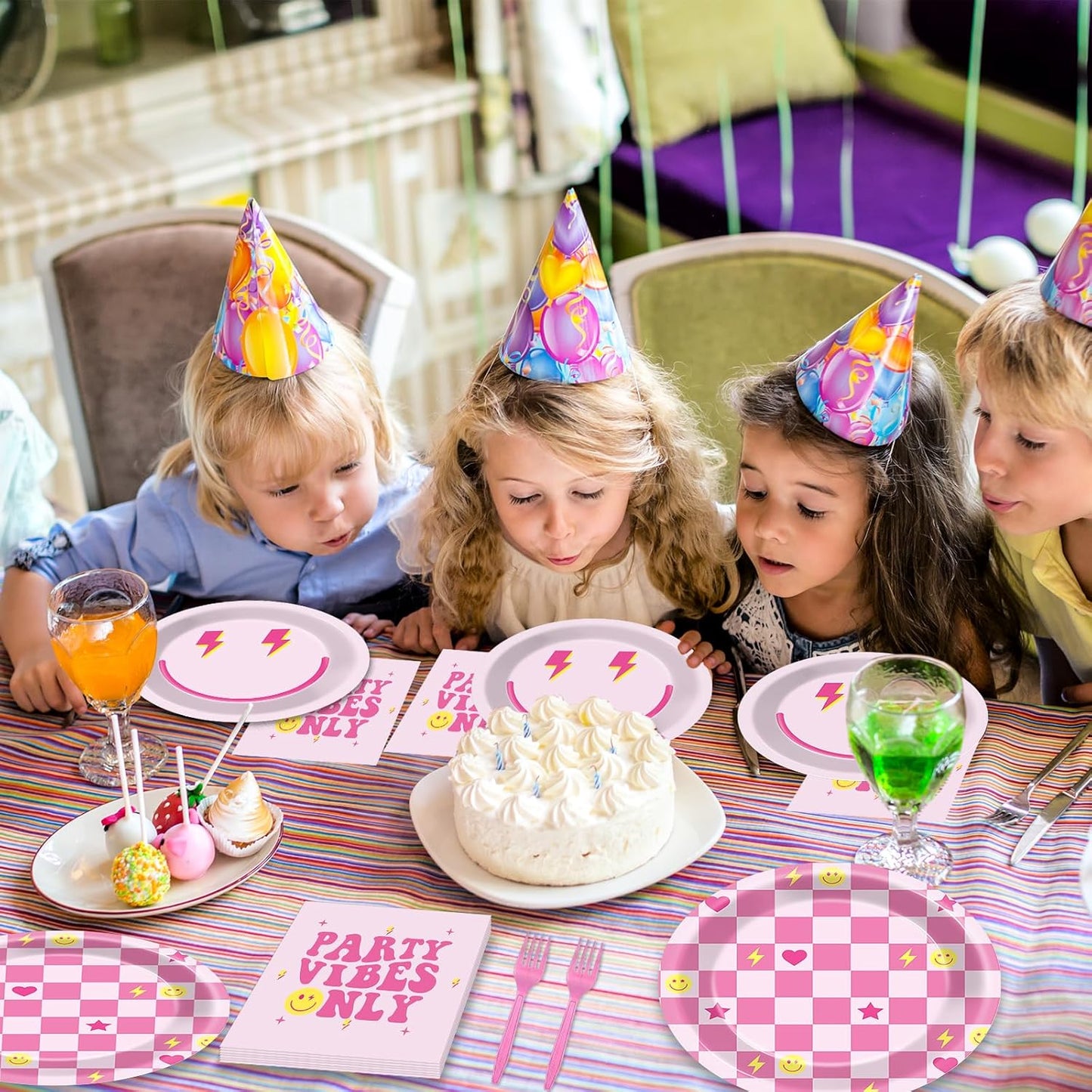 200Pcs Preppy Party Supplies Pink Smile Face Paper Plates Napkins Preppy Smile Face Party Tableware Set Dinnerware for Birthday Bachelor Baby Shower Decoration Serve 50