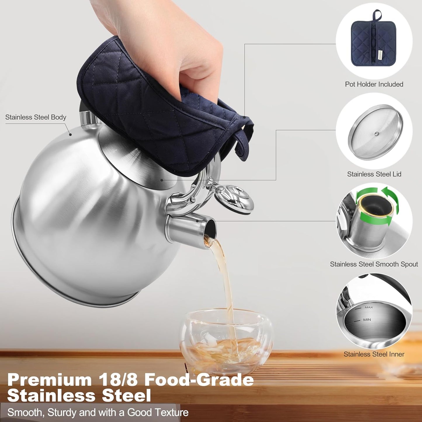 Stainless Steel Whistling stovetop Kettle,Whistling Tea Kettle,Vintage-StyleTeapot for Stove,Durable and Rust-Resistant,With a Pot Holder Included,2.64 Quart(Brushed Style)