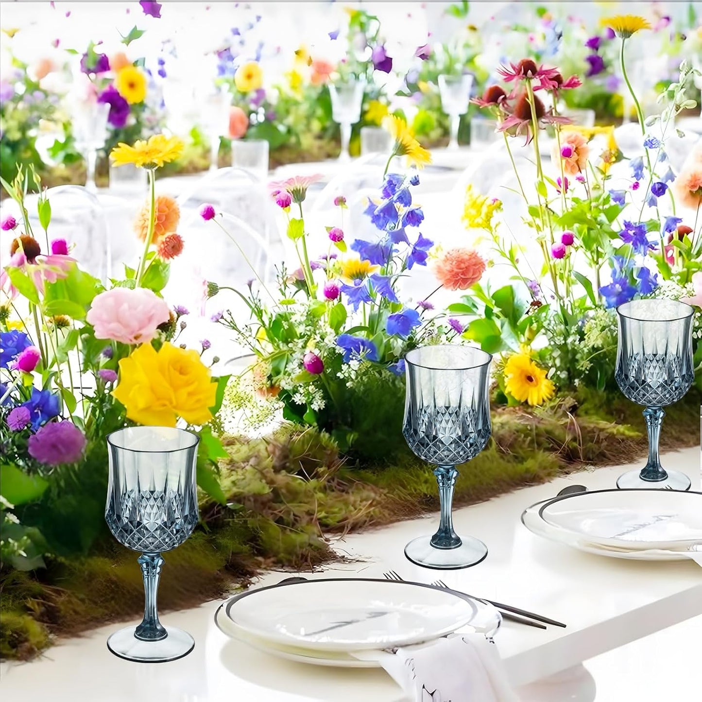 7OZ Plastic Wine Glasses, 24Pcs Blue Reusable Drinking Cups Vintage Champagne Flutes, Plastic Crystal Water Goblets for Parties Stemmed Shatterproof Drinking Glasses for Wedding, Toasting Party