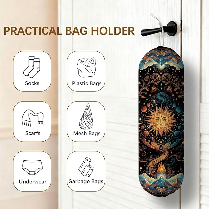 Plastic Bag Holder Dispenser, Plastic Grocery Bag Organizer & Wall Mount Paper Trash Bags Saver Storage for Kitchen Home Pantry Decor, Sun Kitchen Decor