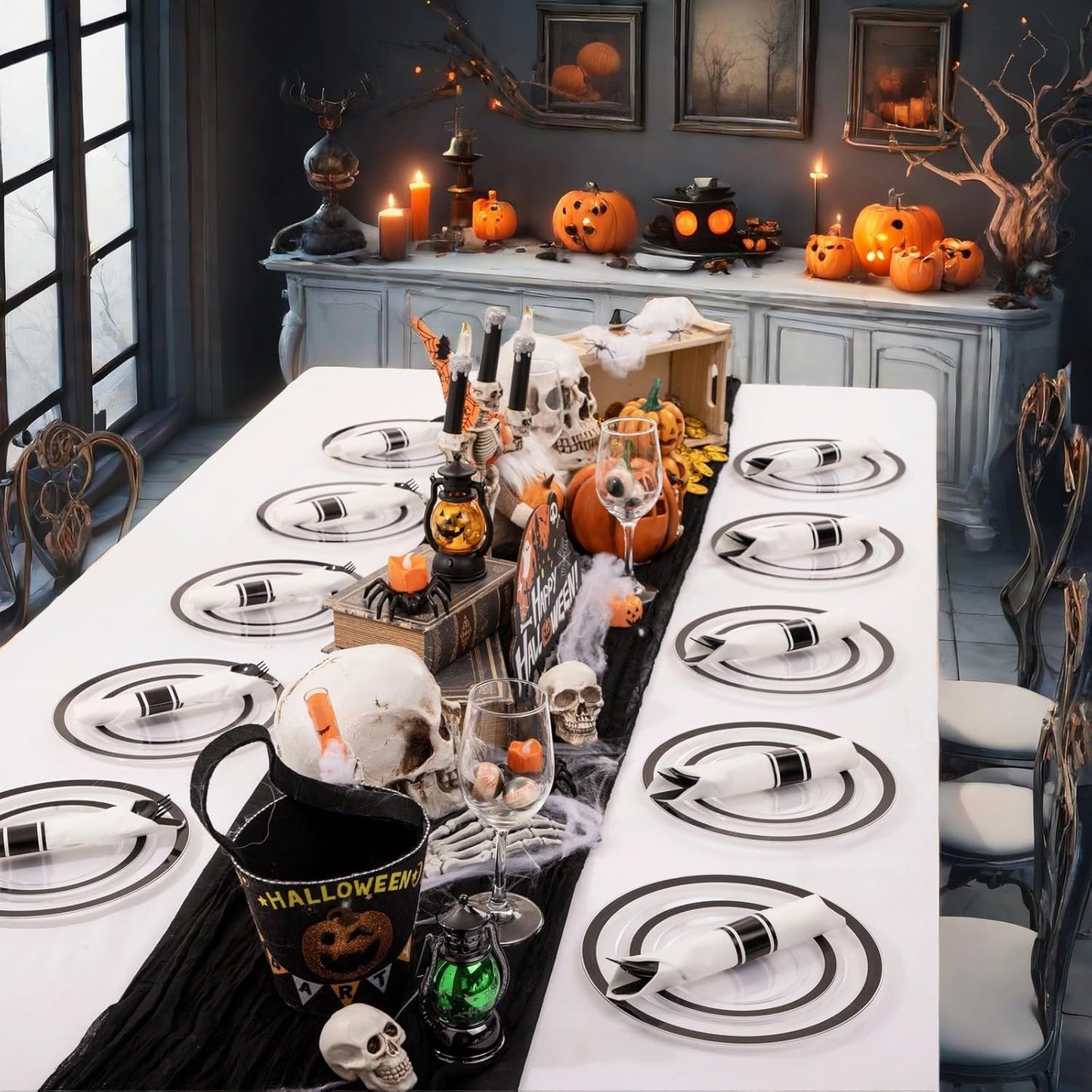 Liacere 350PCS - Clear Plates with Black Rim for 50Guests Dinnerware Include 100 Clear Plates disposable 150 Black Silverware 50 Napkins for Party&Halloween