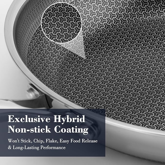 12 Inch Hybrid Non Stick Frying Pan Set Skillet Stainless Steel Skillet Chef's Pan with Matching Lid, PFOA-Free Non-Toxic Cookware, Dishwasher & Oven Safe, Induction Compatible All Cooktop