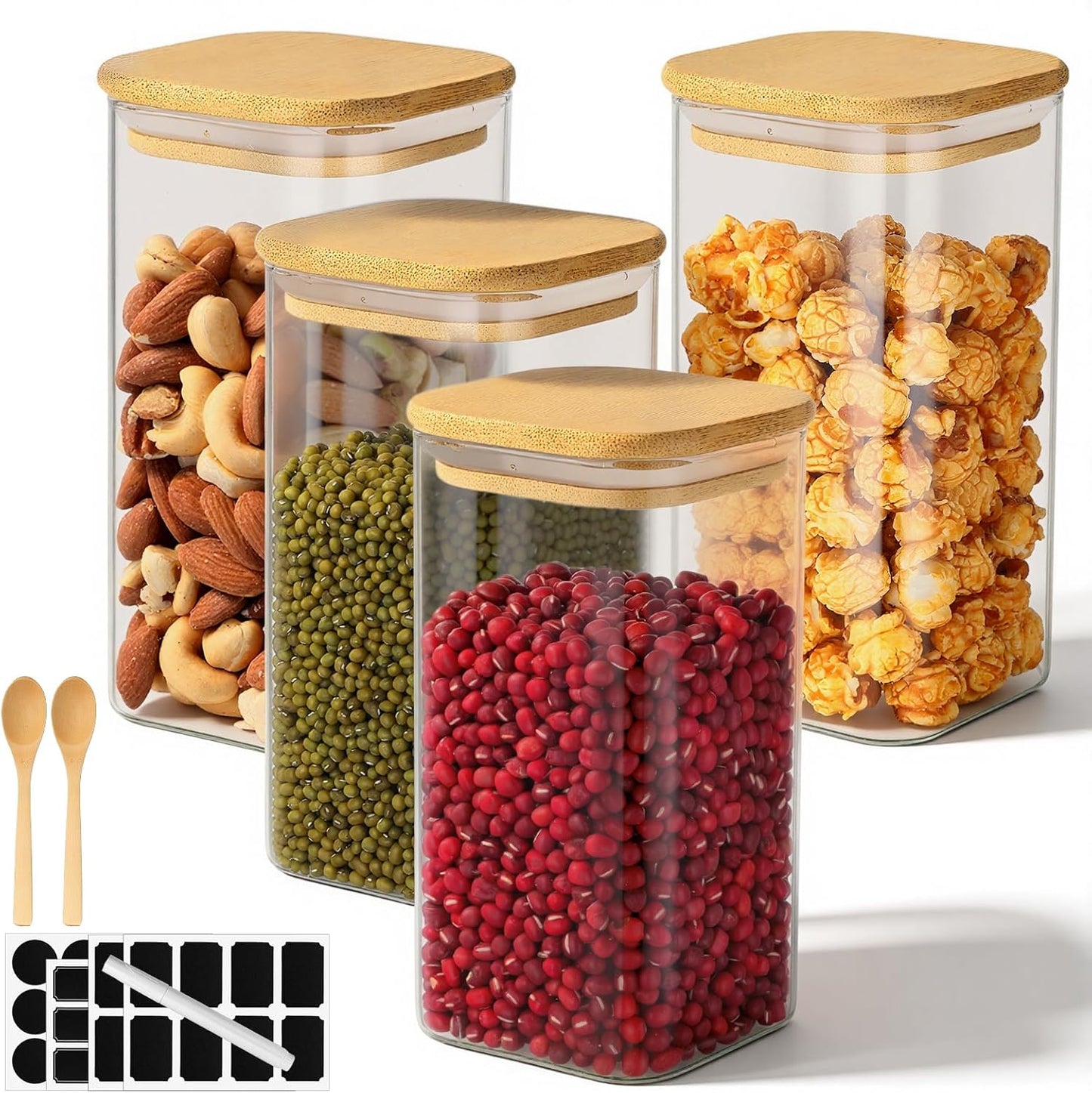 Glass Jars with Airtight Bamboo Lids, 23 Fl.oz Glass Storage Jars Set of 4, Clear Tea Sugar Containers with Lids, for Coffee, Flour, Candy, Herbs, Spice - Included Labels, Marker and Spoon