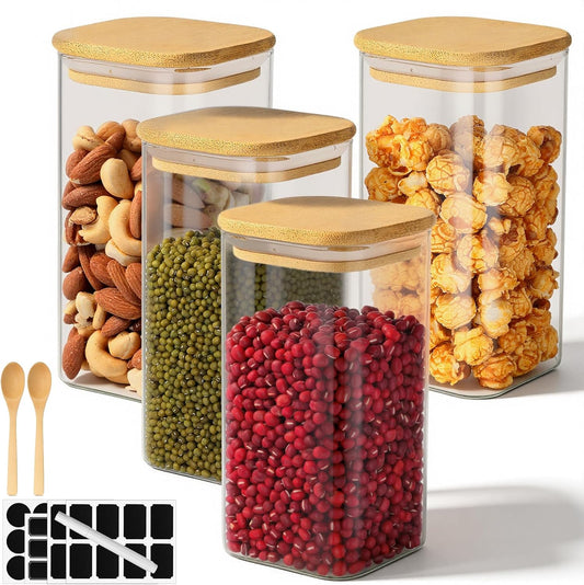 Glass Jars with Airtight Bamboo Lids, 23 Fl.oz Glass Storage Jars Set of 4, Clear Tea Sugar Containers with Lids, for Coffee, Flour, Candy, Herbs, Spice - Included Labels, Marker and Spoon