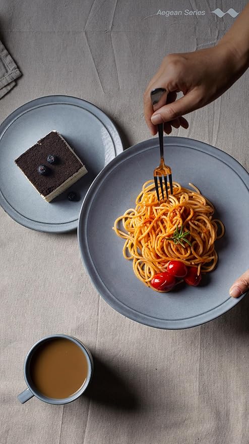 Famiware Aegean Stoneware Dinnerware Set for 4, Plates and Bowls Sets, 12-Piece Scratch-Resistant Dinner Plate Set, Handmade Irregular Round Dishes - Microwave and Dishwasher Safe, Blue Grey