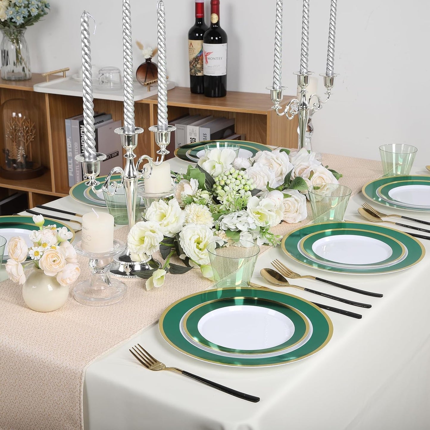 100Pack Plastic Plates Disposable Heavy Duty for Christmas Include 50PCS 10.25inch Dinner and 50PCS 7.5inch Dessert Plastic Plates for Party Wedding Birthday New Year,Green