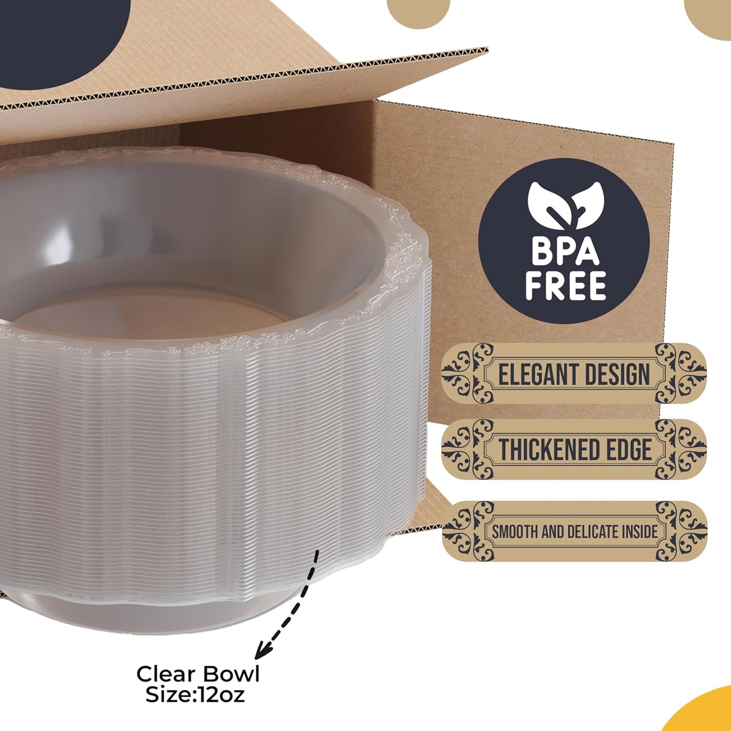 Exquisite Victorian Plastic Bowls Disposable Bowls 60 Pcs 12 oz Bowls | China Like Plastic Bowls for Parties & Weddings Clear Disposable Plastic Bowls