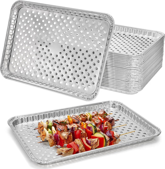 Frcctre 25 Pack Disposable Aluminum Grill Pans, 16 x 12 Inch Large Aluminum Broiler Pans Foil Grill Trays Topper Pan Sheet Pan with Holes for for Outdoor Cooking and Camping, BBQ