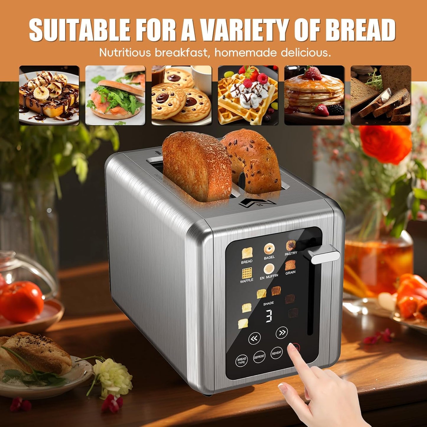 Touch screen Toaster 2 slice,Stainless Steel Digital Timer Toasters with Sound Function,6 Bread Types & 6 Shade Settings,Smart Extra Wide Slots Toaster with Bagel,Defrost Functions,Platinum