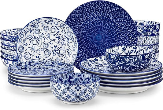vancasso SELENE Plates and Bowls Set for 6, 24 Pieces Dinnerware Sets, Mircowave and Dishwasher Safe Dishes Set, Porcelain Blue Dinnerware