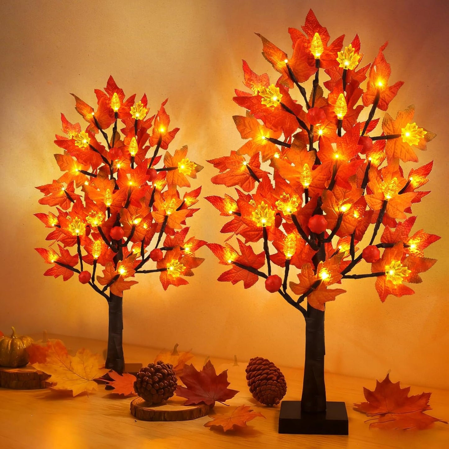 2 Pack 24 Inch Prelit Fall Maple Tree Decorations with 48 LEDs Timer Fall Battery Operated Light Up Artificial Pumpkin Acorn Lighted Maple Tree for Thanksgiving Harvest Table Home Indoor Decor