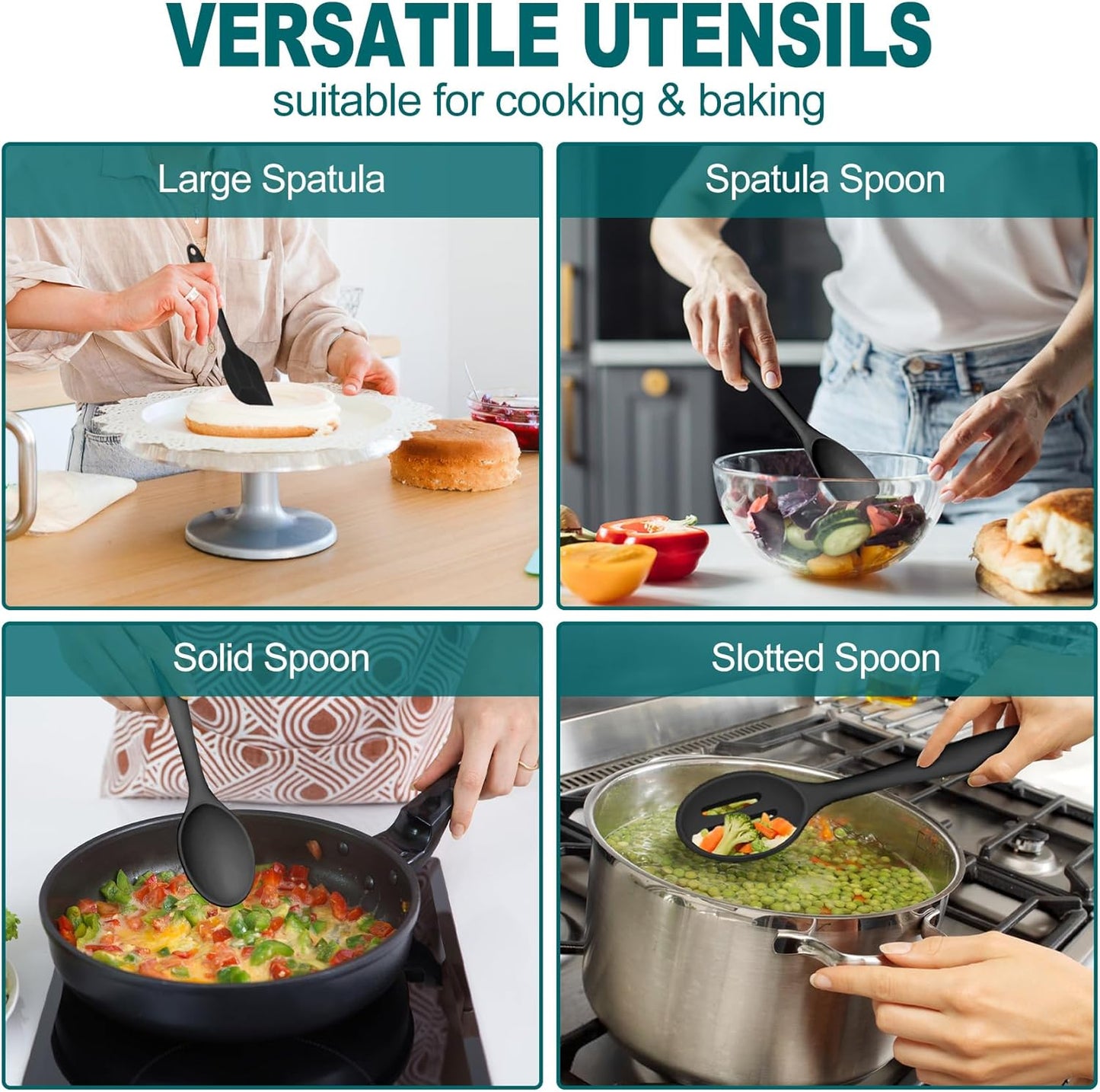 TeamFar Silicone Cooking Utensil Set of 7, Black Kitchen Nonstick Tools Turner Spoon Spatula Ladle Pasta Server for Nonstick Cookware, Healthy & One-Piece, Anti-Heat & Dishwasher Safe