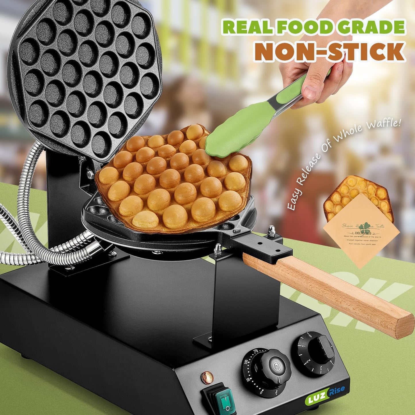 1400W Bubble Waffle Maker Non-stick Electric Waffle Iron Machine 360° Rotate 482℉/250℃ 3Min Fast Heating with 4 Accessories（Brush/Clip/Picker/Dishcloth）