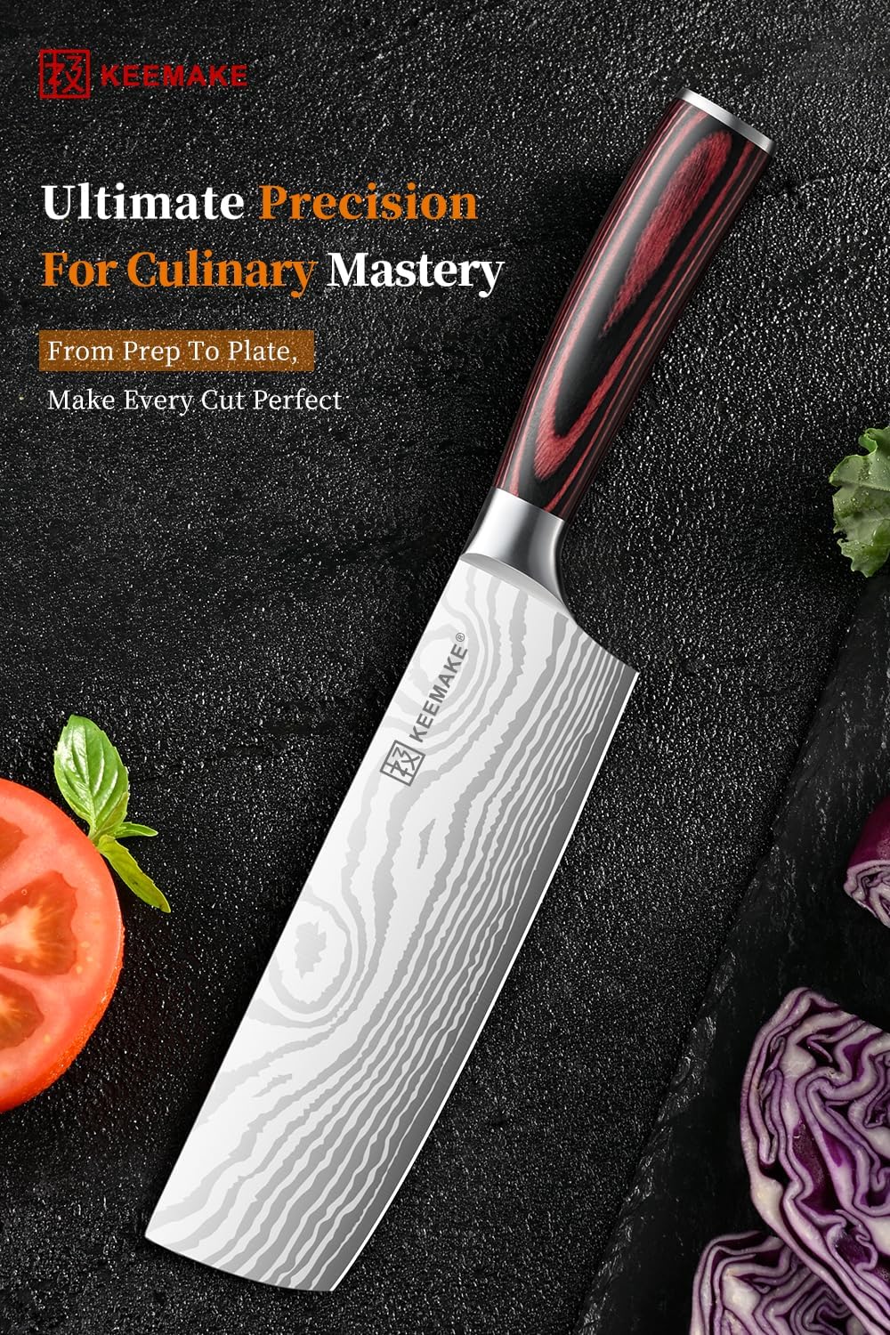 KEEMAKE Nakiri Knife Meat Cleaver: 7 Inch Razor Sharp Chef Kitchen Knife for Cutting Vegetable Cooking Knives - Multipurpose High Carbon Stainless Steel with Pakkawood Handle, Gift box and Sheath