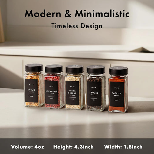 Glass Spice Jars with Label and Stainless Steel Lids (24 x 4oz) Spice Containers with 240 Labels, Shaker Inserts, Steel Funnel, Empty Square Empty Square Seasoning Organizer (Black)