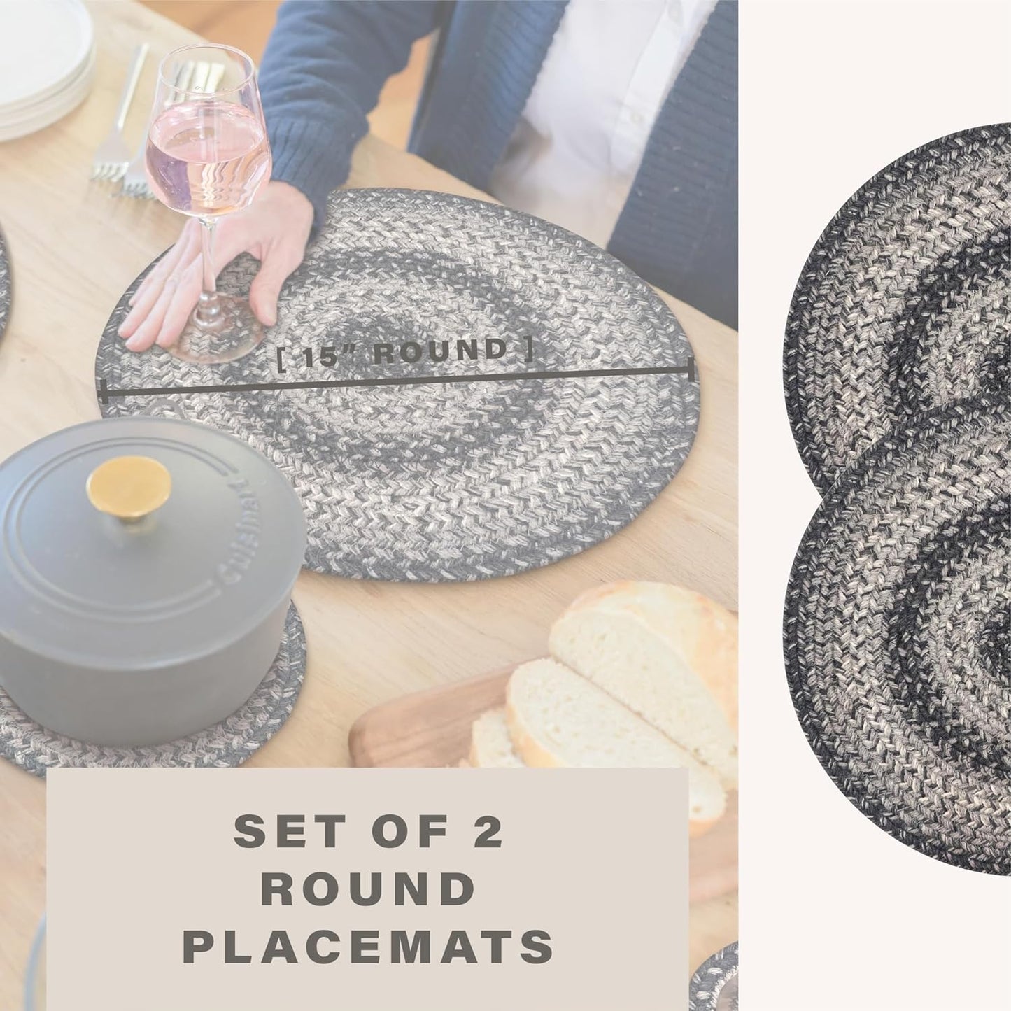 Flint Hill Round Braided Placemats, Warm Primitive Decor, Set of 2, 15", Grey Jute Table Mats - Vibrant Colors, Durable, Easy to Clean and Protects Furniture
