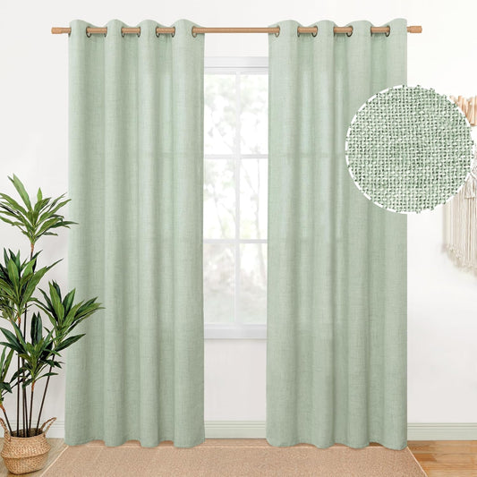 YoungsTex Sage Green Linen Curtains 80 Inches Long for Living Room, Bronze Grommet Textured Semi Sheer Drapes Privacy Light Filtering Window Treatments for Bedroom Dining, 52 x 80 Inch, 2 Panels