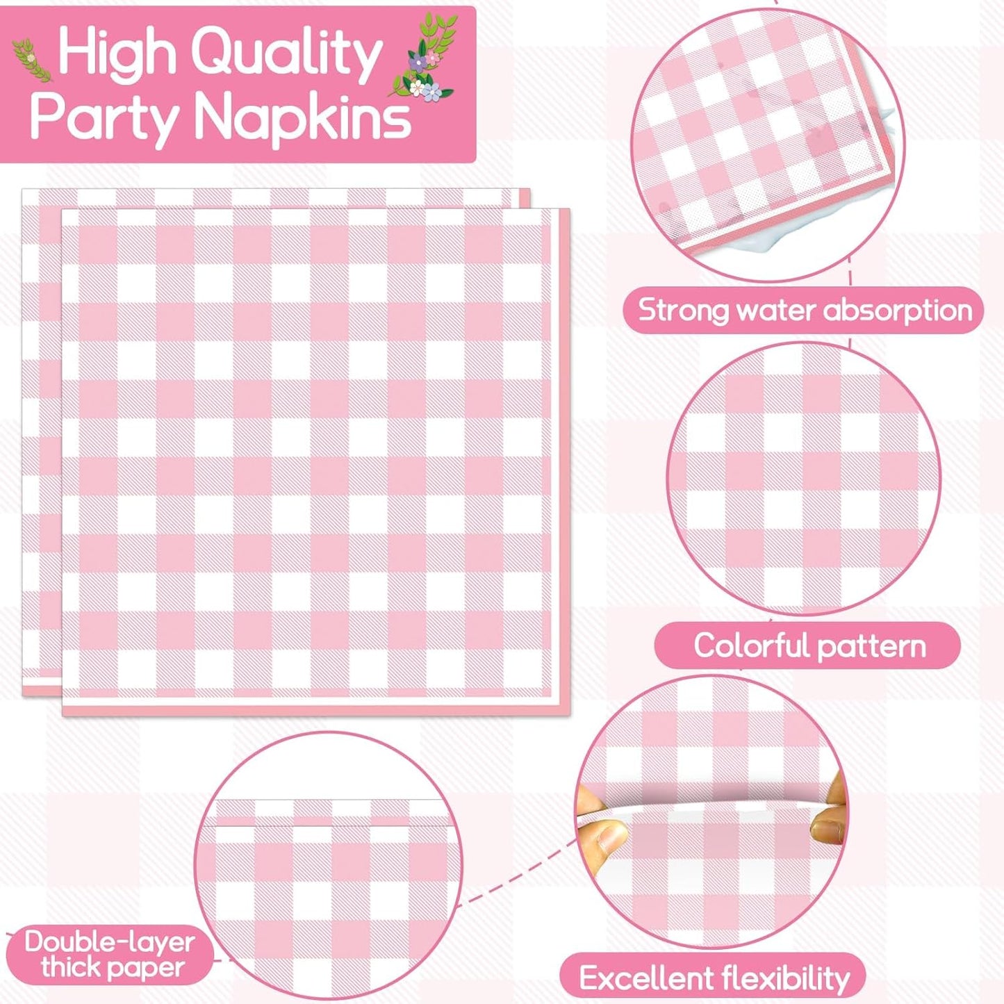 ZOIIWA 200 PCS Pink Gingham Tableware Disposable Pink And White Checkered Party Supplies Dinnerware Set Plaid Plates Outdoor Supplies Girls Barbecue Picnic Birthday Party Decoration Serve 50 guest