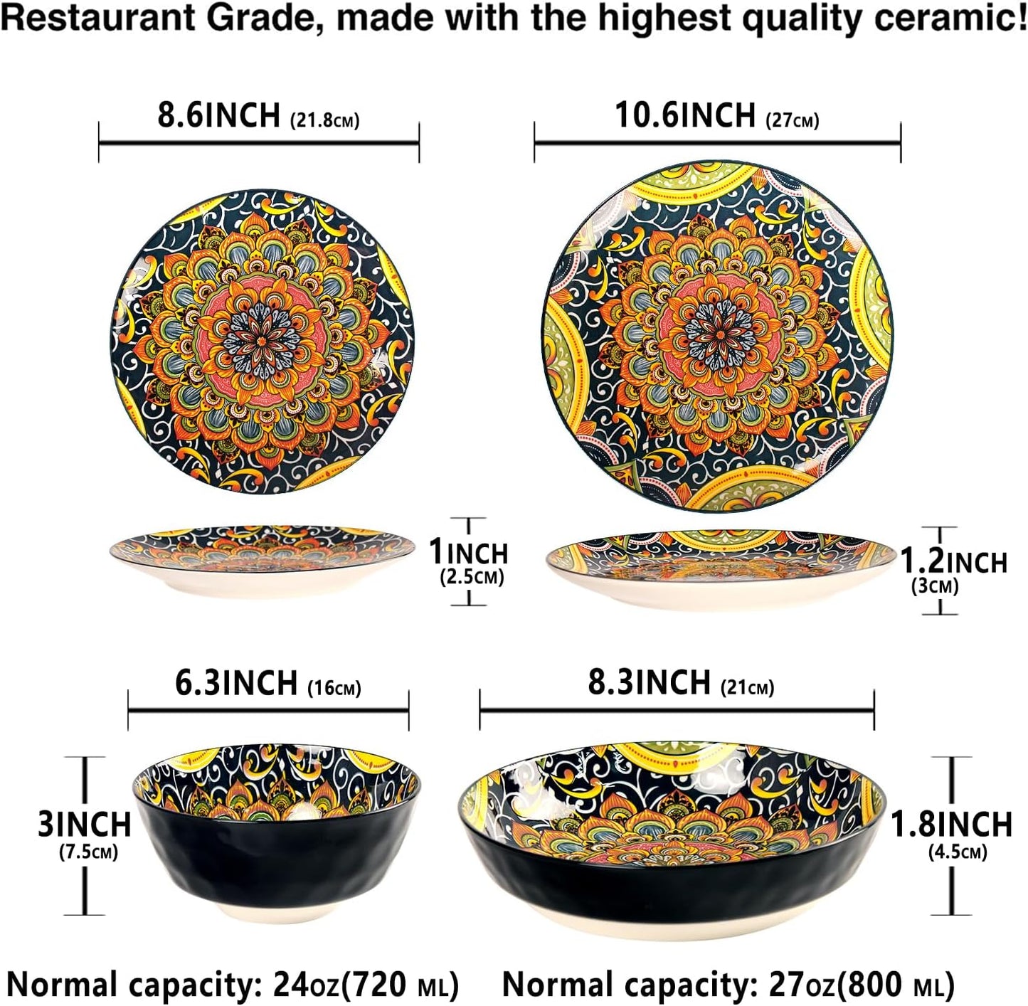 Mandala Dinnerware Sets, Plates and Bowls Set, Porcelain Dishes (16 Pieces) Service for 4, Zanzibar, Bohemian Style Dining Ware, for Kitchen and Dining Multicolor Dinnerware Set, Black