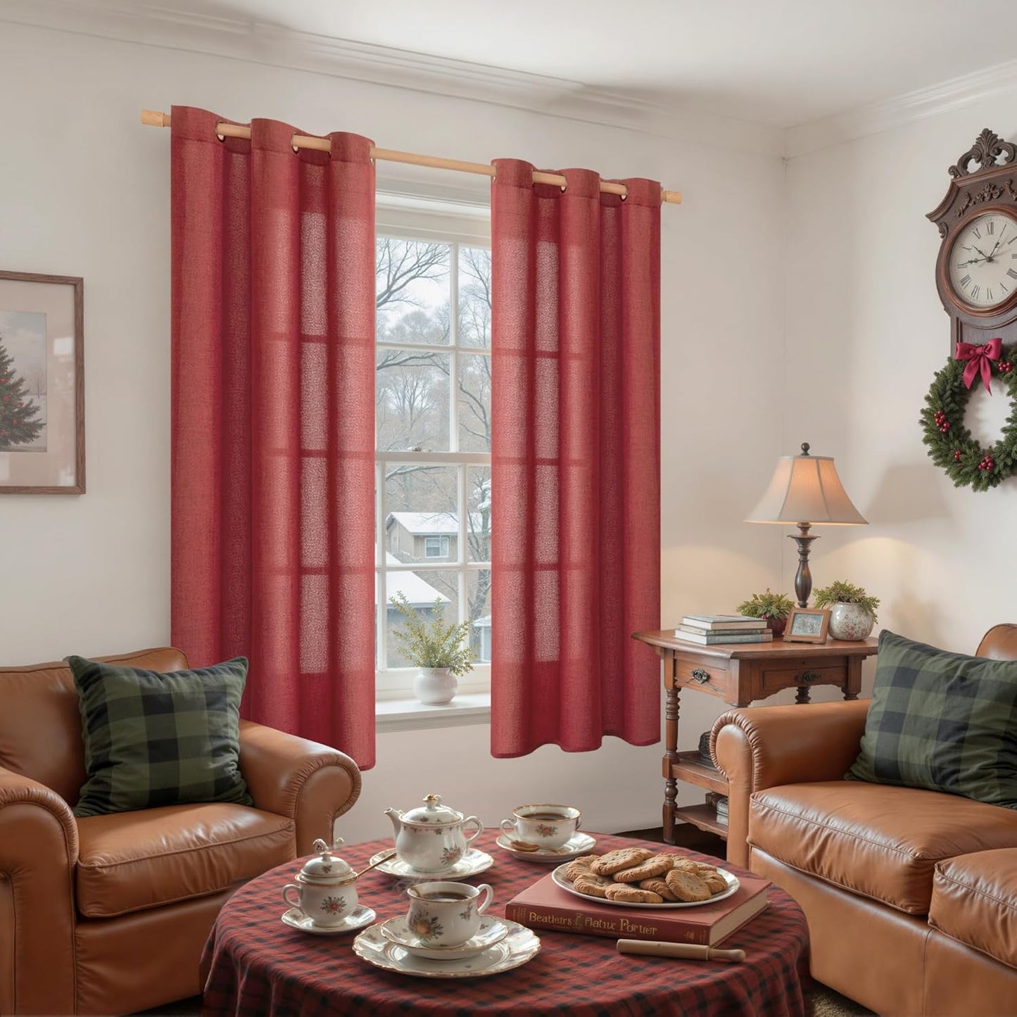 YoungsTex Red Linen Curtains 63 Inch Length for Living Room, Light Filtering Window Drapes with Bronze Grommet Semi Sheer Privacy for Bedroom, 42 x 63 Inch, 2 Panels