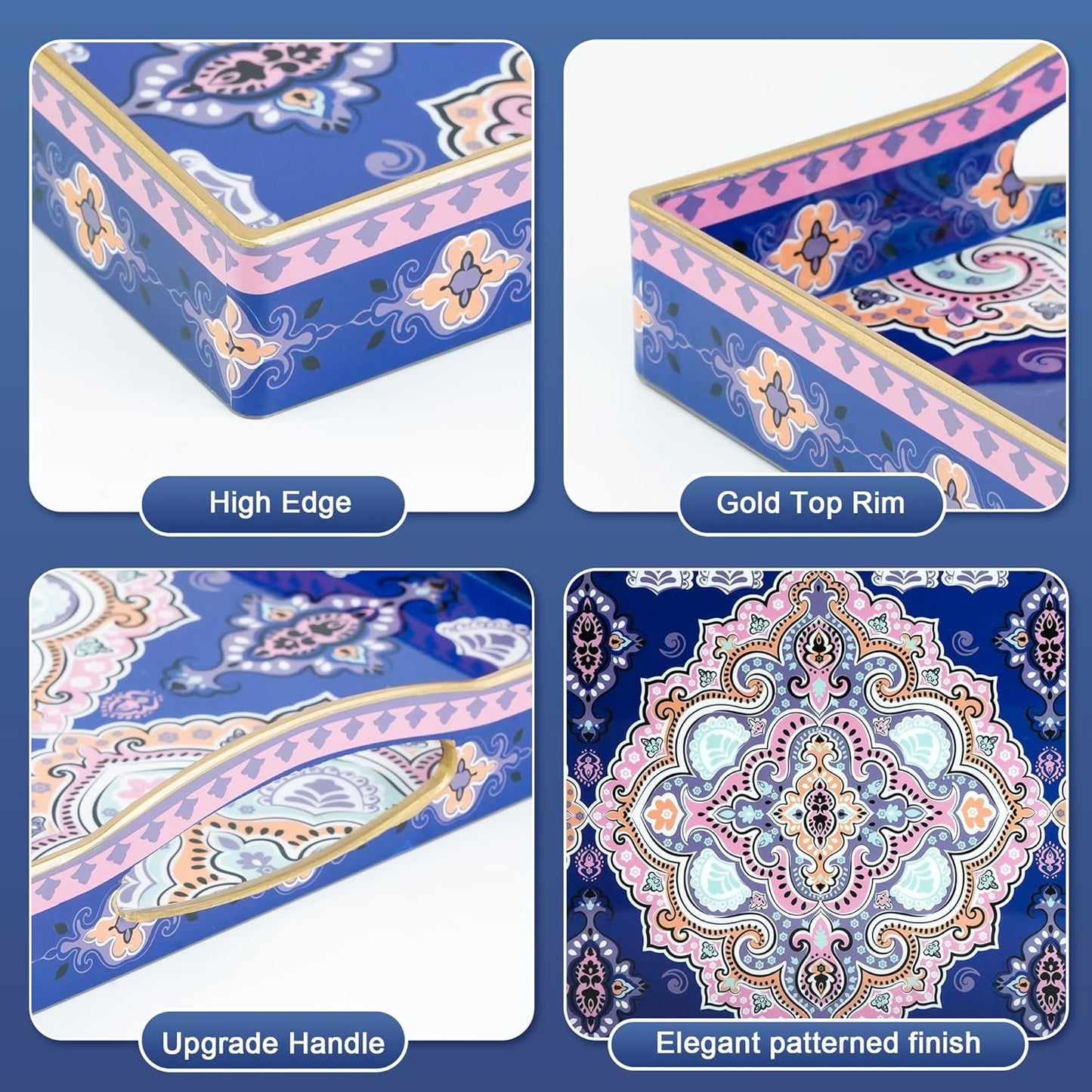 Gifturbo Serving Tray for Coffee Table, Rectangular Plastic Decorative Tray with 4 Handles for Entertaining, Outdoors, Living Room, Ottoman, Bathroom,Blue & Pink