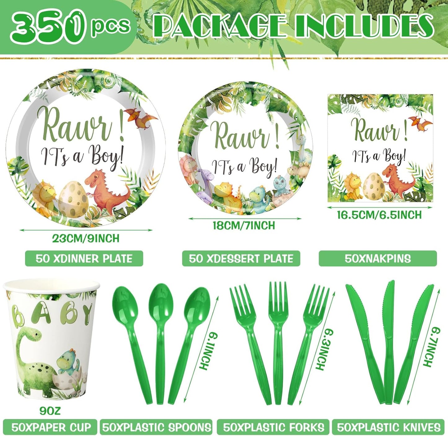 Dandat 350 Pcs Baby Shower Plates Set Baby Shower Party Supplies Serves 50 Tableware Sets Include Plates Napkin Cup Forks Knives Spoons Disposable Dinnerware(Dinosaur,Green)