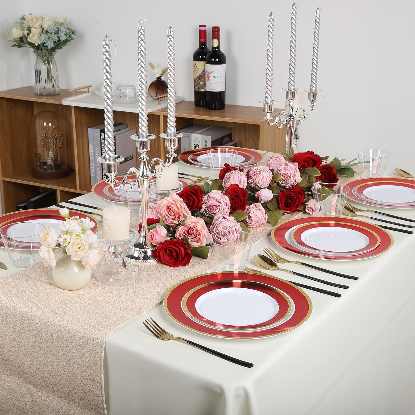 100Pack Plastic Plates Disposable Heavy Duty for Christmas Include 50PCS 10.25inch Dinner plates and 50PCS 7.5inch Dessert Plastic Plates for Party Wedding Birthday New Year,Red